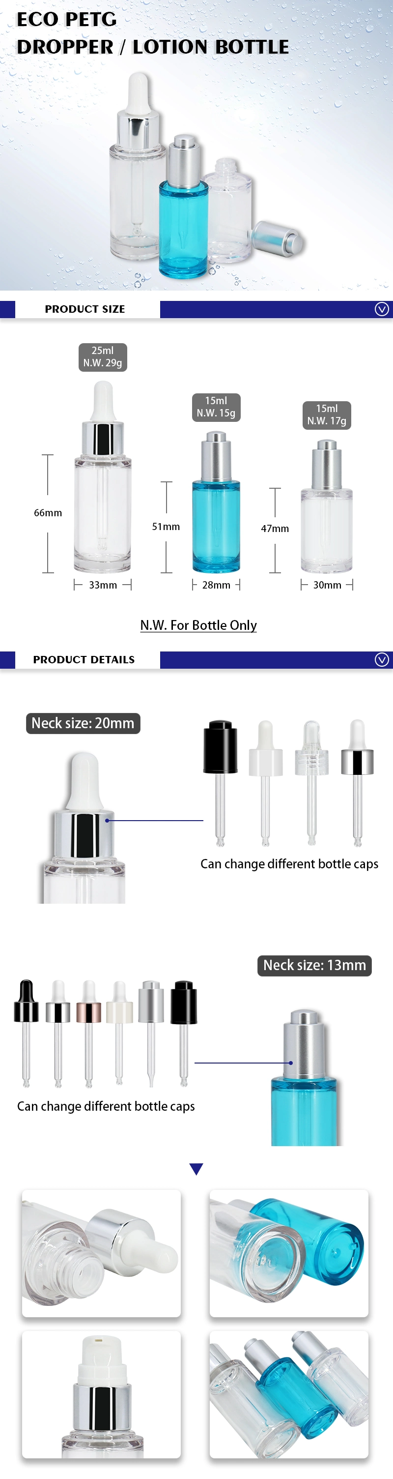 Cosmetic Skincare Packaging 25ml 15ml Transparent Drop Shape PETG Dropper Bottle